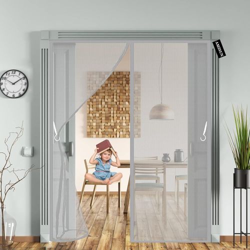 Sept-Moustiquaire Porte Fenetre Magnetique 130 X 210 Cm Rideau De Porte Antimoustique Avec Fermeture Aimantée Facile À Installer Pour Couloirs Portes Patio - Gris