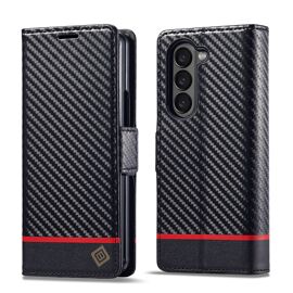 Coque Pour Samsung Z Fold 6,Étui Samsung Z Fold 6 AntichocSupport Pliable,Clamshell,Housse en Tpu+Pu cuir en fibre de carbone - Noir