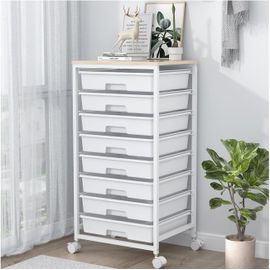 ytseazn-Chariot De Salle De Bain Avec 8 Tiroirs,Chariot De Rangement À Roulettes Avec Plateau En Bois,Pour Salon,Chambre À Coucher,Bureau,Grande Capacité,Blanc