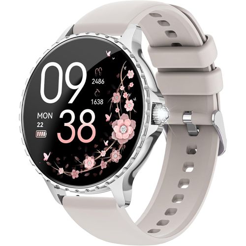 Montre Connectée Femme Avec Appel, 1.27'' Hd Smartwatch Avec Fonction Féminine, 24H Fréquence Cardiaque/Spo2/Sommeil, 120+ Modes Sportifs, Ip68 Podomètre Android Ios Argent (Bracelet Gris)
