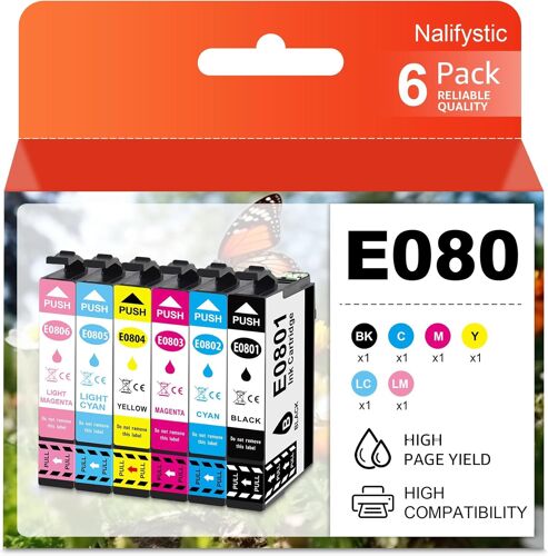 Lot De 6 Cartouches D'Encre Compatibles Avec T0801 T0802 T0803 T0804 T0805 T0806 Pour Stylus Photo R265 R360 R285 Rx585 Rx685 P50 Stylus Px700W Px710W Px8000 Fw Px8. 10 Imprimantes[ENC943559]