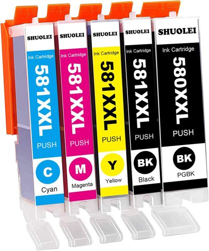 580XXL 581XXL Cartouches d'encre de Rechange pour Canon PGI-580 CLI-581 PGI-580XXL CLI-581XXL pour Canon PIXMA 6350 TS705 TS8350 TS8351 TS6351 TS9550 TS9551C TR8550 TS8150 (5-Pack PGBK/BK/C/M/Y)