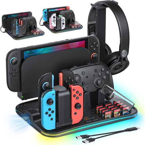 [Compatible Switch 2/1] Manette Chargeur pour Nintendo Switch 2/1/OLED pour Joycon, Support Switch 2 avec 9 modes RVB, Ventilateur, 12 emplacements pour cartes de jeu, Support pour casque