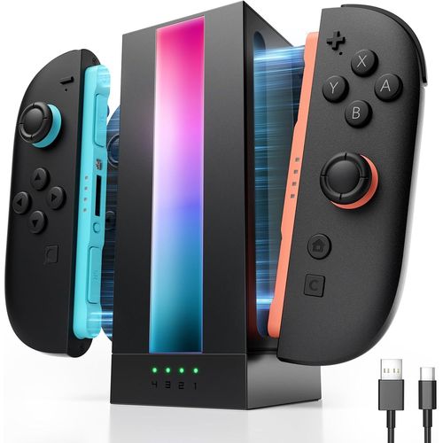 EnergyFlow Station de charge pour manettes Nintendo Switch 2 JoyCon, station de charge magnétique RVB 4 en 1, indicateur LED, accessoires Switch2 JoyCon avec câble USB C de 1,5 m