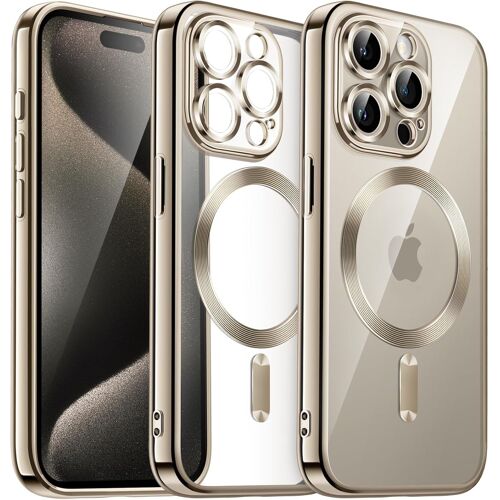 SJZG-Coque Souple Clair Pour Iphone 15 Pro Max 6,7 Pouces, Protection Complète D'Objectif De Caméra, Compatible Avec Magsafe Recharge Sans Fil, Étui Housse En Tpu Galvanisé (Titane Naturel)