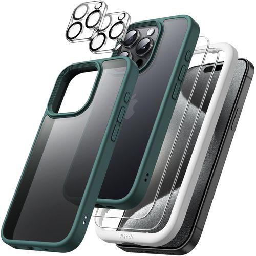 Tea-5 En 1 Mat Coque Pour Iphone 15 Pro 6,1 Pouces Avec 2 Protection D'écran En Verre Trempé Et 2 Protecteur De Caméra, Arrière Translucide Antichoc (Vert Foncé)