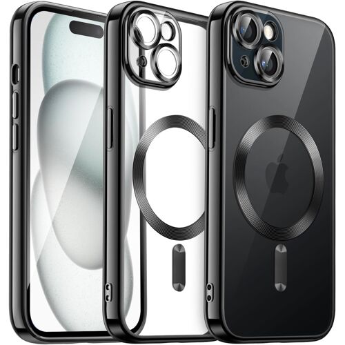 LORANKA-Coque Souple Clair pour iPhone 15 6,1 Pouces, Protection Complète d'Objectif de Caméra, Compatible avec MagSafe Recharge sans Fil, Étui Housse en TPU Galvanisé Antichoc (Noir)