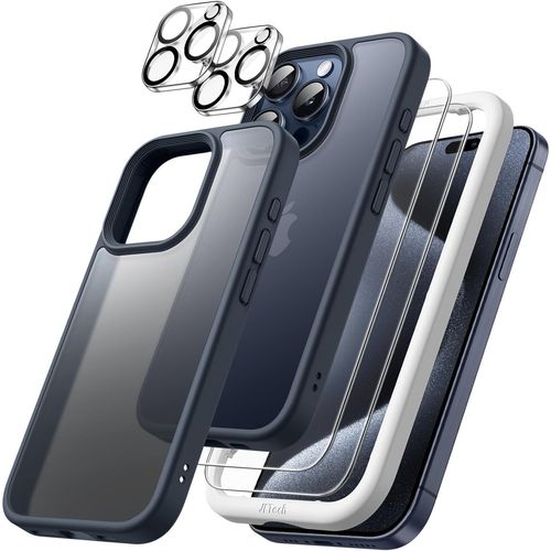 Tea-5 En 1 Mat Coque Pour Iphone 15 Pro 6,1 Pouces Avec 2 Protection D'écran En Verre Trempé Et 2 Protecteur De Caméra, Arrière Translucide Antichoc (Bleu)