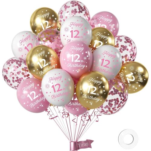 Décoration Anniversaire Fille 12 Ans \U2013 16 Pièces Ballons 12 Pouces (30 Cm) \U2013 Kit Fête En Blanc, Rose & Or Ballons Hélium Joyeux 12 Ans Anniversaire Décoration