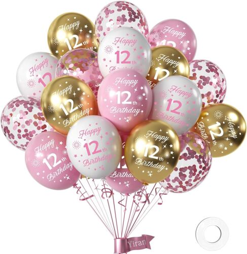 Décoration Anniversaire Fille 12 Ans \U2013 16 Pièces Ballons 12 Pouces (30 Cm) \U2013 Kit Fête En Blanc, Rose & Or Ballons Hélium Joyeux 12 Ans Anniversaire Décoration