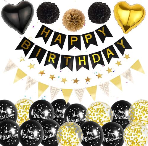 SJZG-Decoration Ballons Anniversaire Noir Or - Banderole Deco Joyeux Anniversaire Drapeaux De Triangle De Fête, Happy Birthday Banniere Ballon Coeur En Aluminium Pour Garcon Fille Homme Femme