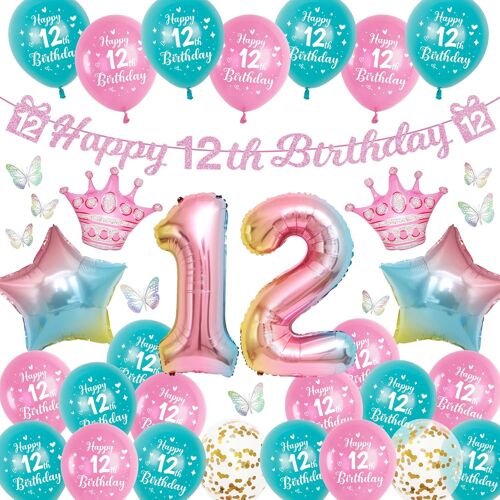 SJZG-Decoration Anniversaire Filles 12 Ans - Ballon Rose Couronne Happy Birthday Banderole Deco De Fête, Ballons Aluminium En D'Étoile Colorés Décors 3D De Papillons Découpés Pour 12E Anniversaire
