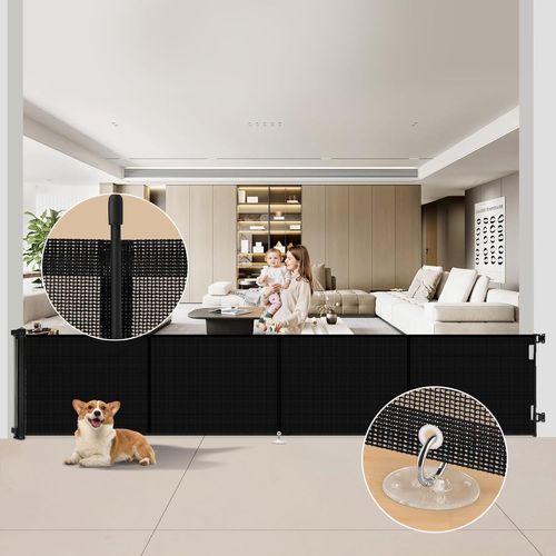 Barrière Sécurité Pour Enfant Chien,1.5m 3m 5m Barriere De Securite Retractable,Avec Renforcement En Fibre De Verre,Large Barriere De Securite Pour Escaliers Intérieurs Et Extérieurs (Noir,5m)