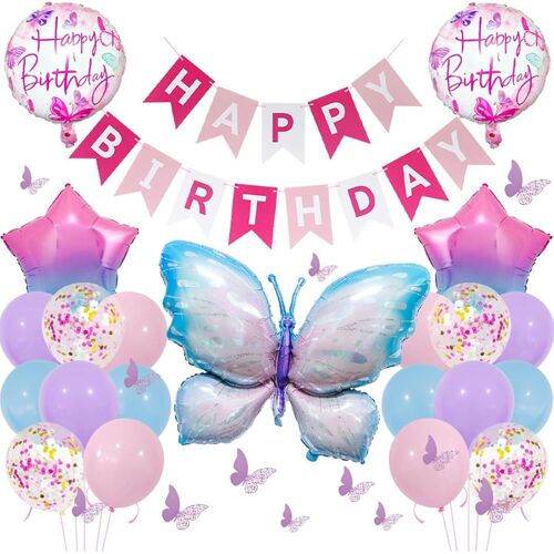 SJZG-Kit Anniversaire Fille 34 Pièces,Décoration Ballons Papillon,Pour Fête Enfant, Baby Shower, Anniversaire Princesse(Ballon Rose-Violet Dégradé)