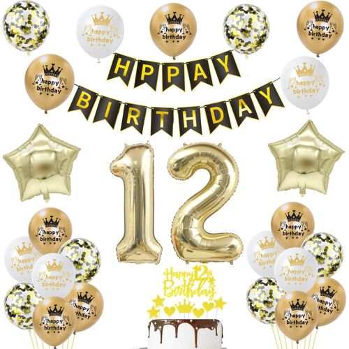 SJZG-Ballon 12 Ans Anniversaire Fille Garcon Noir Or Decoration Anniversaire Fille 12 Ans Anniversaire Garcon,Ballon Anniversaire 12 Ans Garcon Anniversaire Noir Or Ballon 12 Birthday Décoration