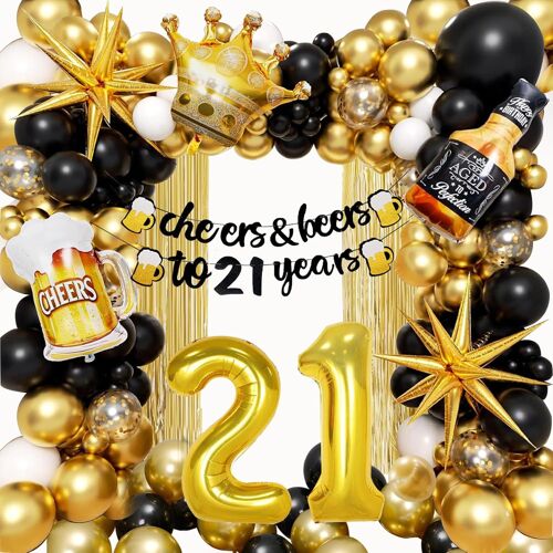 SJZG-Décoration Anniversaire 21 Ans Garçon Fille - Noir Or Ballon Fête