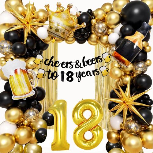 SJZG-Decoration Anniversaire 18 Ans, Decoration Anniversaire 18 Ans Garçon Fille, 18 Ans Décorations Anniversaire De Fête Noir Or, Ballon 18 Ans Anniversaire De Fête En Noir Or