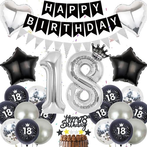 Decoration Ballons Anniversaire Argent Noir - 18 Ans Banderole Joyeux Anniversaire Fanions Deco, Happy Birthday Guirlande Ballon C?ur De I'Amour Et Étoile À Cinq Branches En Aluminium Pour Fête Garço