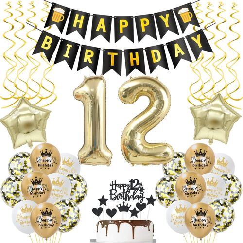 SJZG-Décoration 12 Ans Anniversaire Fille Garçon Décoration Noir Or Ballon 12 Ans Anniversaire Garçon Décoration 12 Ans Anniversaire Garçon Ballon 12.Anniversaire Garçon Décoration Anniversaire 12 An