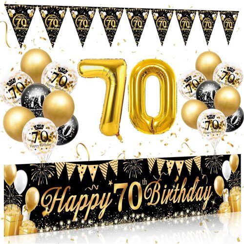 SJZG-Décoration D'Anniversaire 70E Anniversaire Homme Femme, 70 Bannières Happy Birthday Noires Et Dorées, Ballons 70 Ans, Guirlande Fanion, Décoration 70E Anniversaire, Fond Ballons Noirs Et Dorés P