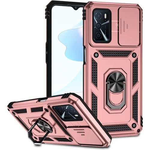 Coque Antichoc Oppo A74 4g ¿ Protection Appareil Photo À Glissière, Bague Magnétique Rotative 360° & Support Pied, Pc+Tpu Style Militaire ¿ Or Rose