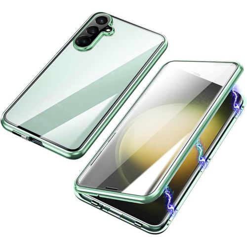Coque 360° Pour Samsung Galaxy S24 Fe - Cadre Aluminium Vert, Verre Trempé Transparent Avant/Arrière 9h, Adsorption Magnétique, Protection Objectif & Recharge Sans Fil