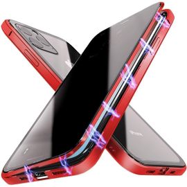 Coque Iphone Xr 360° Aimantée - Bumper Aluminium + Verre Trempé Anti-Regards (Privacy) Compatible Charge Sans Fil, Rouge