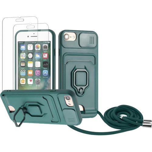 Coque Avec Lanière Pour Iphone 6 Plus/6s Plus/7 Plus/8 Plus - 2 Verres Trempés, Emplacement Cartes, Cache Objectif Coulissant, Anneau Support 360° - Vert Foncé