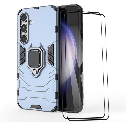 Coque Renforcée Samsung Galaxy S24 Fe 5g - Support Rotatif 360° Compatible Voiture Magnétique, 2 Protecteurs Verre Trempé Inclus, Protection Mil-Std, Bleu