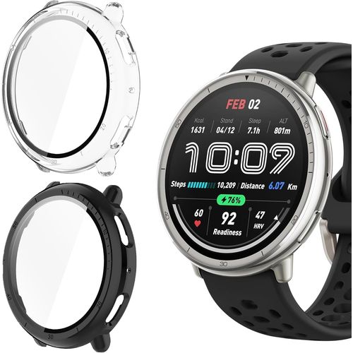 Coque Bumper Pc + Verre Trempé Pour Amazfit Active 2 - Protection Anti-Choc Et Anti-Rayures (Noir/Transparent)