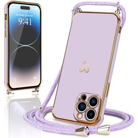 Coque compatible iPhone 14 Pro (6,1'') en silicone TPU violet - lanière réglable 1,5 m, motif coeur, cordon amovible 2-en-1 et protection antichoc