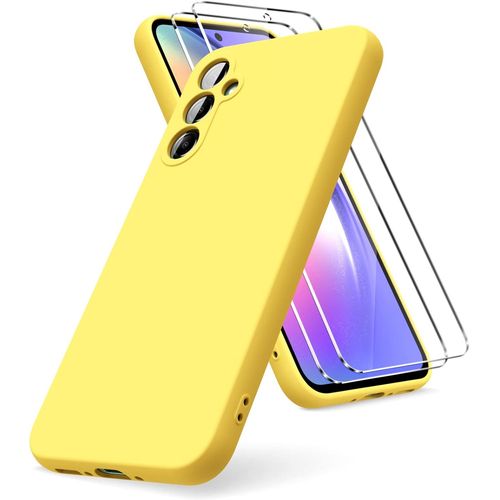 Coque Compatible Samsung Galaxy A54 5g + 2 Verres Trempés, Silicone Liquide Gel Ultra Souple Jaune, Antidérapante Et Anti-Empreintes
