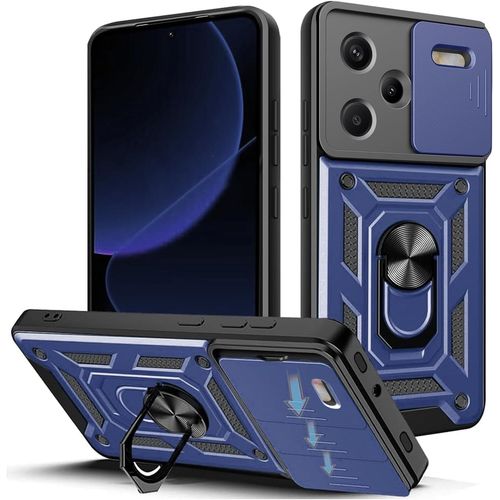 Coque Pour Xiaomi Redmi Note 13 Pro Plus 5g / 13 Pro+ 5g - Couvercle Coulissant Protection Caméra, Dos Pc Renforcé + Bords Tpu Antichoc, Anneau Support 360° Rotatif, Compatible Support Magnétique, Bleu