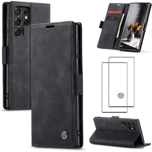 Étui Portefeuille Cuir Synthétique pour Samsung Galaxy S22 Ultra (2022) - Coque TPU magnétique, 2 fentes cartes + poche billets, support horizontal + 2 verres trempés HD