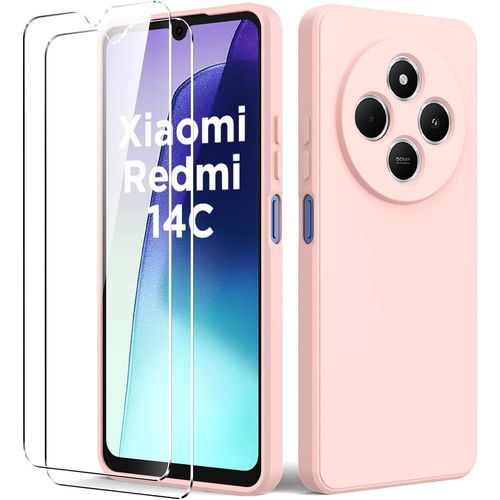 Pack Coque Tpu Souple Antichoc + 2 Verres Trempés Pour Xiaomi Redmi 14c / Poco C75 - Mince, Protection Écran & Caméra, Rose