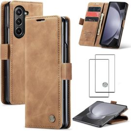 Coque Compatible Samsung Galaxy Z Fold5 5g Marron Simili Cuir Portefeuille Avec Rangements Cartes Magnetique Flip Bumper Tpu Support Pliable + Verre Trempé Hd Inclus 2023
