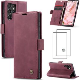 Coque Portefeuille Pour Samsung Galaxy S23 Ultra (2023) - Étui Cuir Synthétique Rouge Magnétique, 2 Emplacements Cartes + Poche Billets, Fonction Support + 2x Verre Trempé