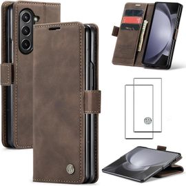 Coque Compatible Samsung Galaxy Z Fold5 (5g) - Étui Portefeuille Marron En Cuir Pu Avec Emplacements Cartes, Fermeture Magnétique, Bumper Tpu, Support Pliable + Verre Trempé Hd - 2023