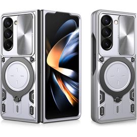 Étui Samsung Galaxy Z Fold5 5g - Coque Tpu+Pc Antichoc, Béquille Anneau Magnétique 360° Et Couvercle Coulissant Protection Appareil Photo, Argent