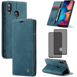 Coque Compatible Samsung Galaxy A20e - Similicuir Pu Bleu Avec Porte¿Cartes, Fermeture Magnétique, Bumper Tpu, Support Pliable + Verre Trempé Hd Inclus (2019)