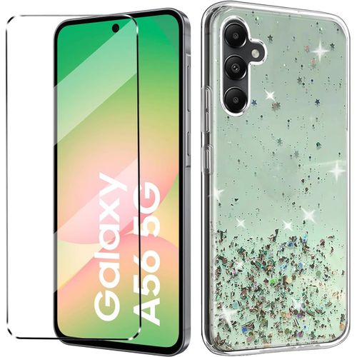 Coque Bling Pailletée Tpu + 1 Verre Trempé Pour Samsung Galaxy A56 - Housse Slim Antichoc, Découpes Précises, Protège-Écran, Vert (Pack 1 Coque + 1 Verre)