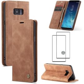 Coque Étui Simili Cuir Marron Pour Samsung Galaxy S8 Plus - Porte-Cartes Magnétique, Bumper Tpu Avec Support Pliable + Verre Trempé Hd