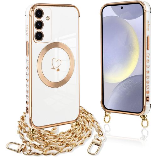 Coque magnétique silicone antichoc pour Samsung Galaxy S24 - compatible MagSafe, motif coeur avec lanière collier et chaîne blanc/or