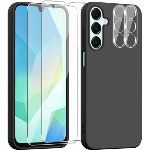 Coque En Silicone Liquide Souple Pour Samsung Galaxy A16 (5g/4g) + 2 Verres Trempés Écran + 2 Protections Objectif Caméra ¿ Noir