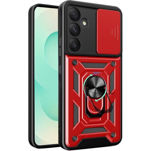 Coque Samsung Galaxy S25 Plus/S25+ 5g - Étui Armor Pc+Tpu Antichoc Style Militaire, Support Anneau 360° Rotatif, Protection Objectif Coulissante, Plaque Magnétique Voiture, Rouge