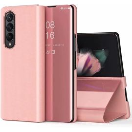 Coque Étui Miroir Or Rose Pour Samsung Galaxy Z Fold5 - Protection Antichoc Pc/Pu À Rabat Avec Béquille Et Fenêtre Clear View