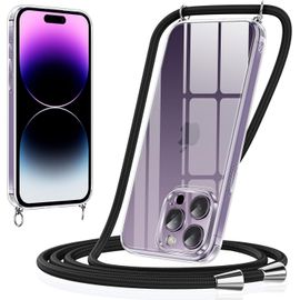 Coque iPhone 14 Pro (6,1"") en silicone TPU transparent avec cordon réglable et amovible ¿ Bumper anti-choc slim, sangle de cou pratique, noir