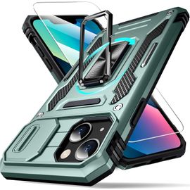 Coque Iphone 13 Mini - Protection Antichoc Niveau Militaire, Double Couche Slim, Airbags 4 Coins, Bords Surélevés, Anneau Magnétique 360° Avec Béquille