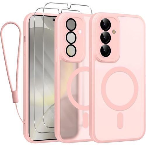 Coque Magnétique Slim Compatible Magsafe Pour Samsung Galaxy S24 5g - Dos Translucide Mat, Antichoc Niveau Militaire, 2 Verres Trempés + Lanière, Rose