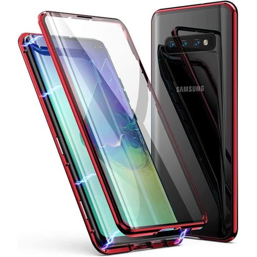 Coque 360° Aimantée Pour Samsung Galaxy S10e - Verre Trempé Avant Et Arrière, Cadre Métal Bumper, Transparente Rouge